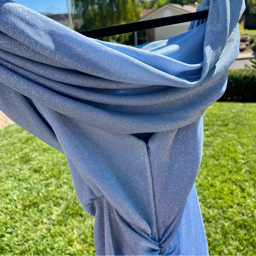 Rhea Costa Ruched Glitter Jersey Gown Light Blue Maxi Dress XS 38 Fits Small NWT - Picture 6 of 9